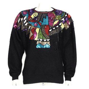 Vintage 80's LISA ASHLEY Jewel Core Rainbow Sequin Black Beaded Sweater sz S 561
